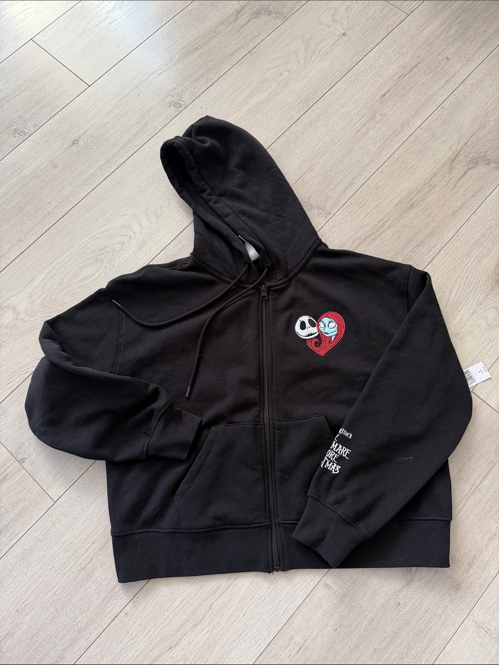 Disney Black Zip-Up Hoodie with Red & Teal Heart Patch